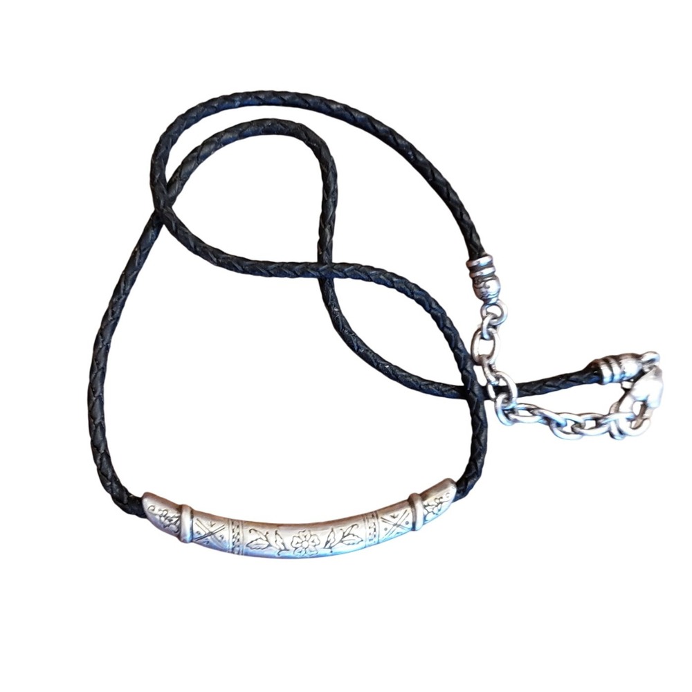Brighton Braided Leather Necklace w Silver Tone Bar Pendant Boho Tribal Jewelry